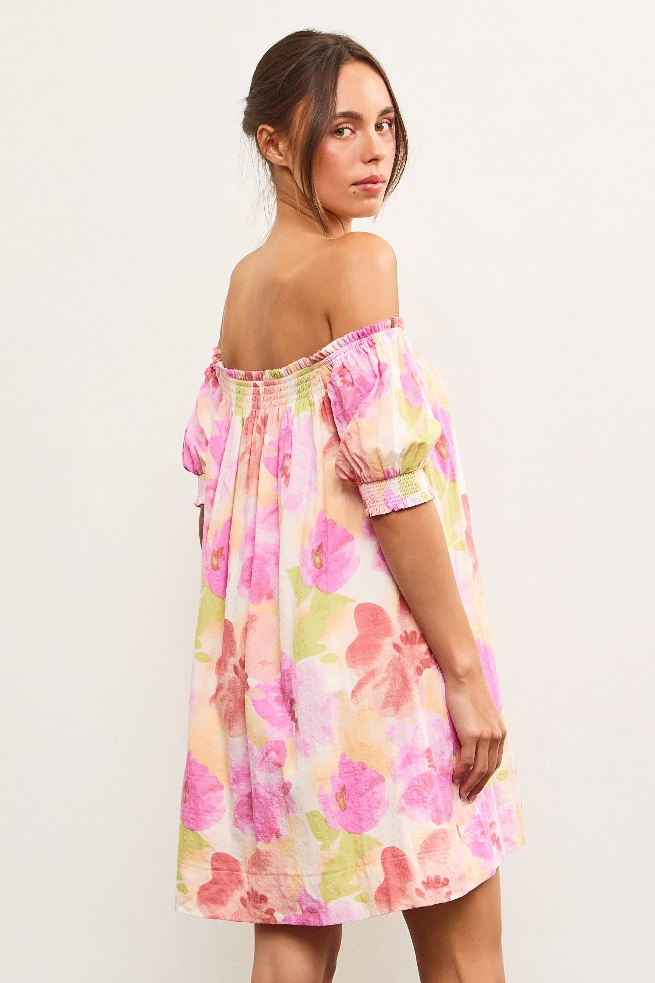 PUFF SLEEVE SMOCKED OFF SHOULDER FLORAL DRESS