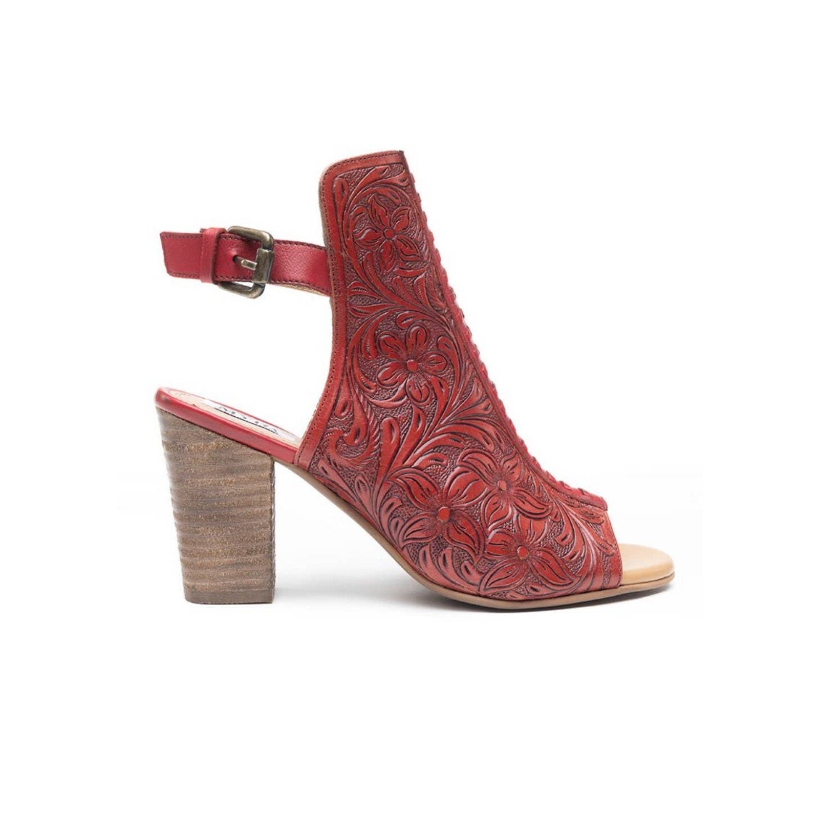 Red Tooled Leather Heels Sandals,