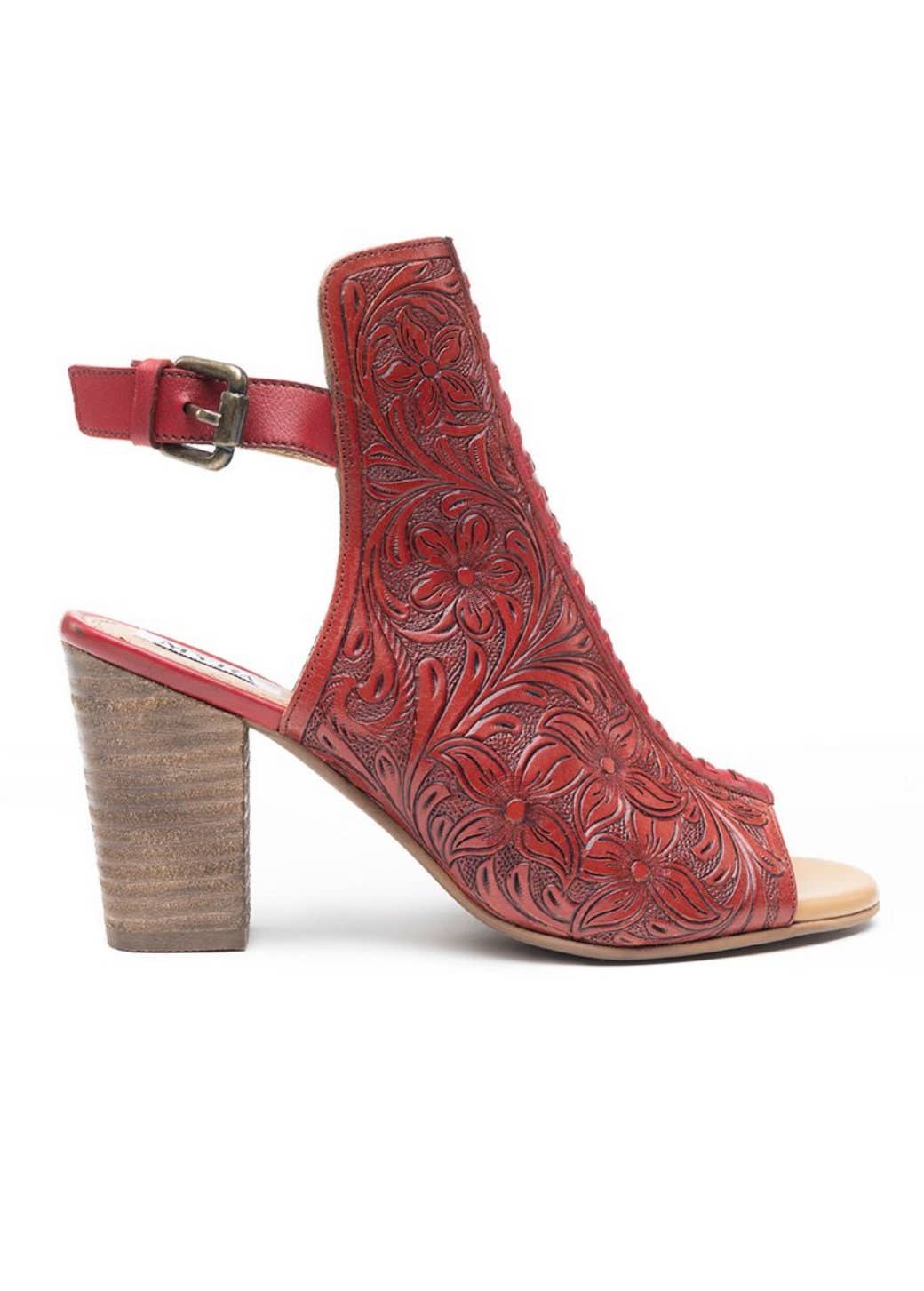 Red Tooled Leather Heels Sandals, Dress Shoes, High Heels, Western sandals, Wedding, Prom Shoes