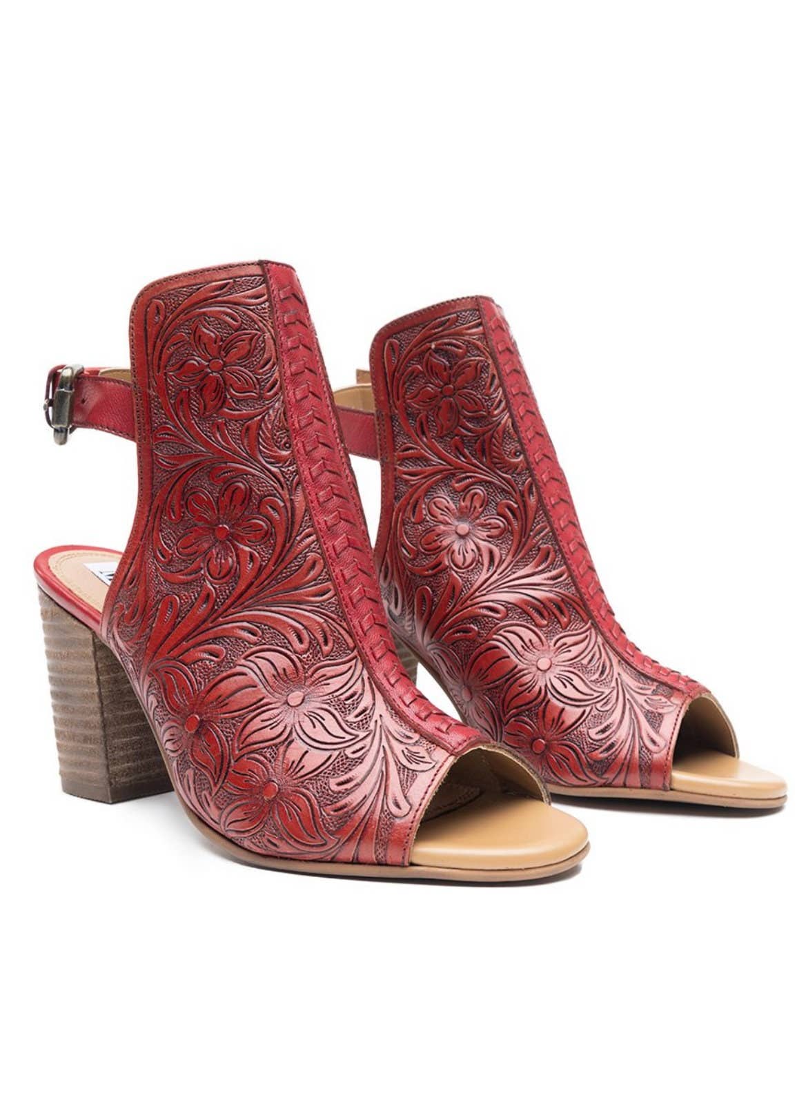 Red Tooled Leather Heels Sandals, Dress Shoes, High Heels, Western sandals, Wedding, Prom Shoes