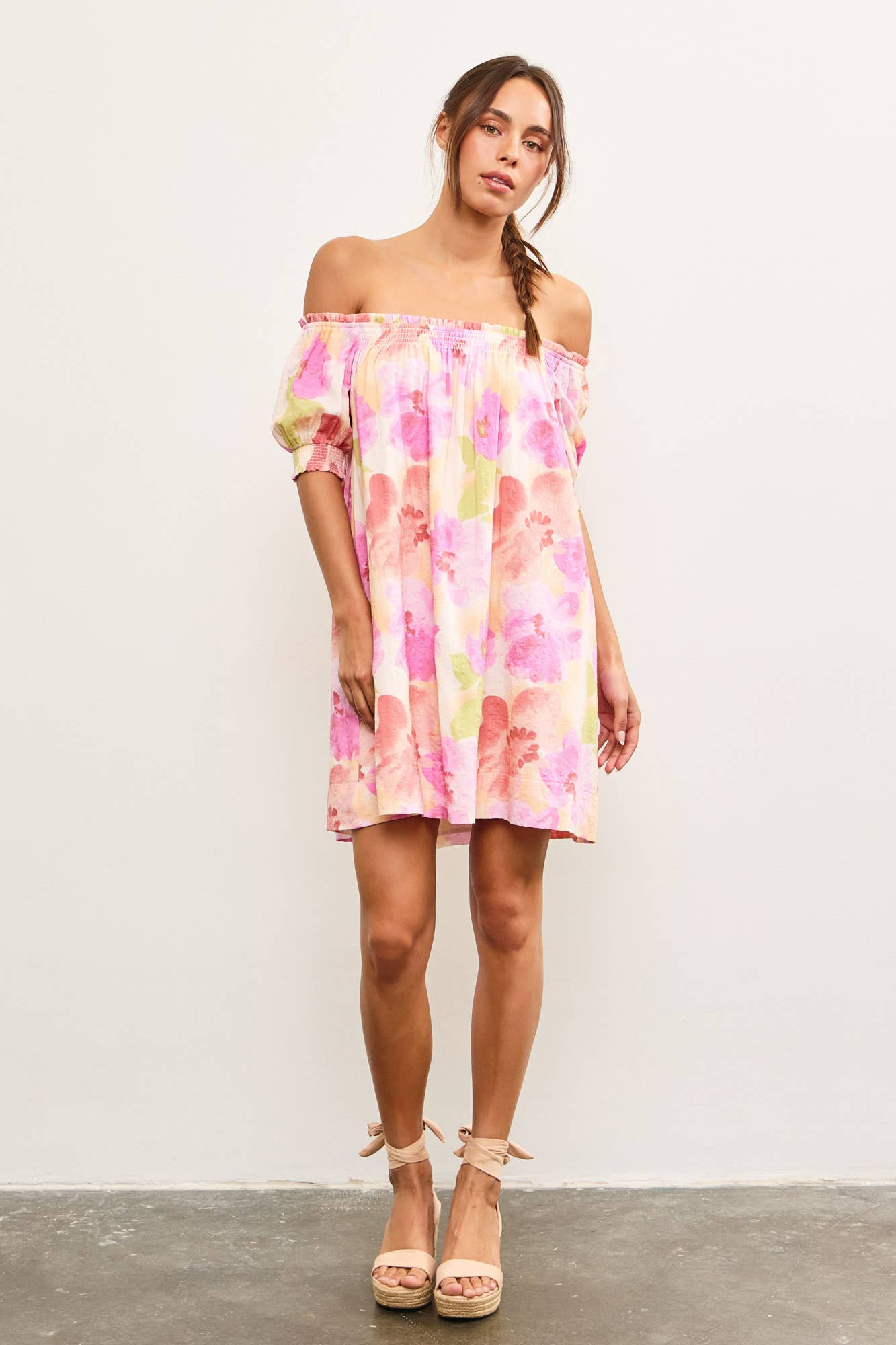 PUFF SLEEVE SMOCKED OFF SHOULDER FLORAL DRESS