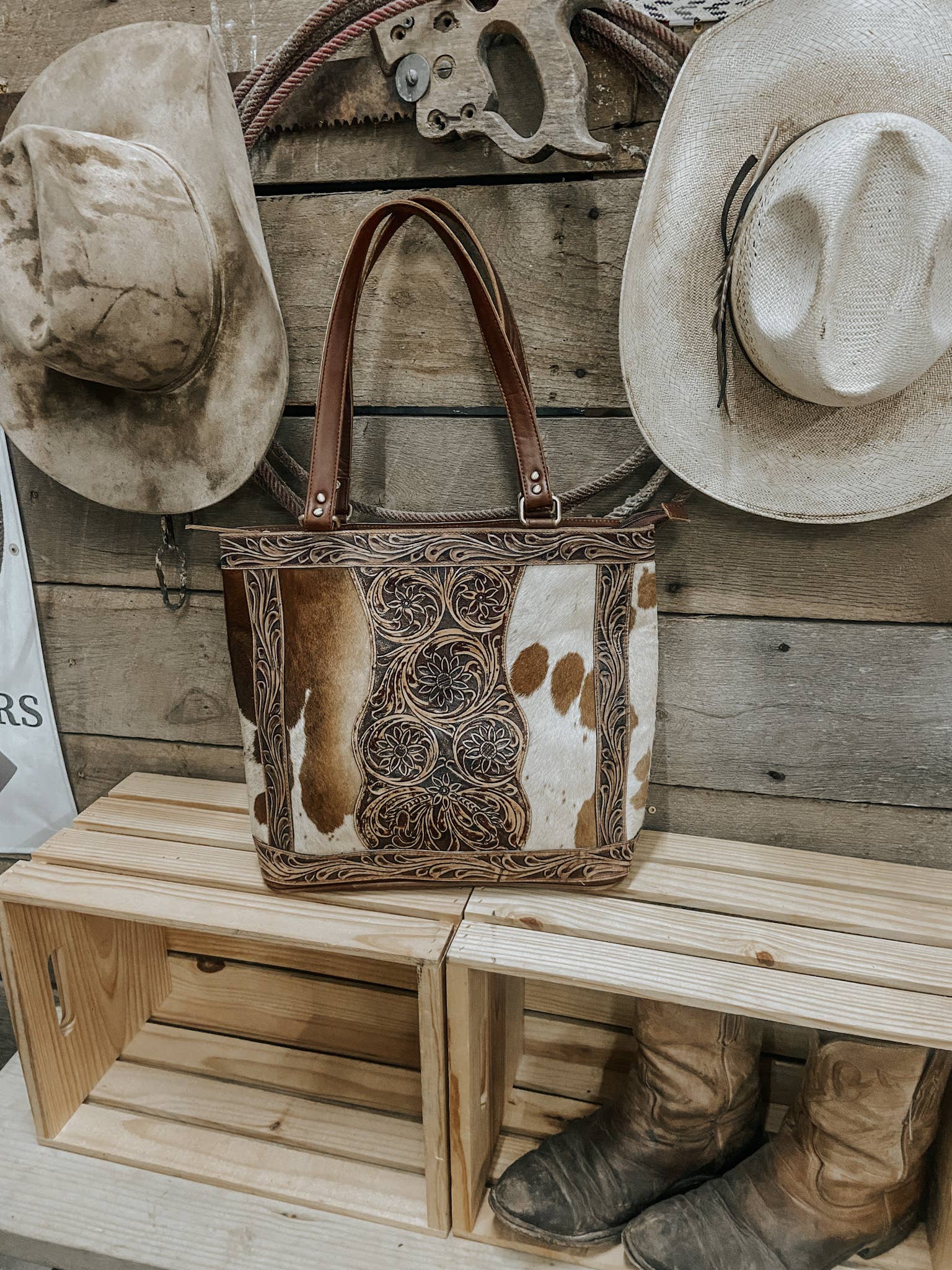 Womens Tooled Leather Cowhide Tote, Purse, Laptop Bag