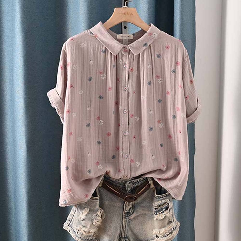 Lapel Printed Short-Sleeve Shirt Double-Layer Cotton Gauze