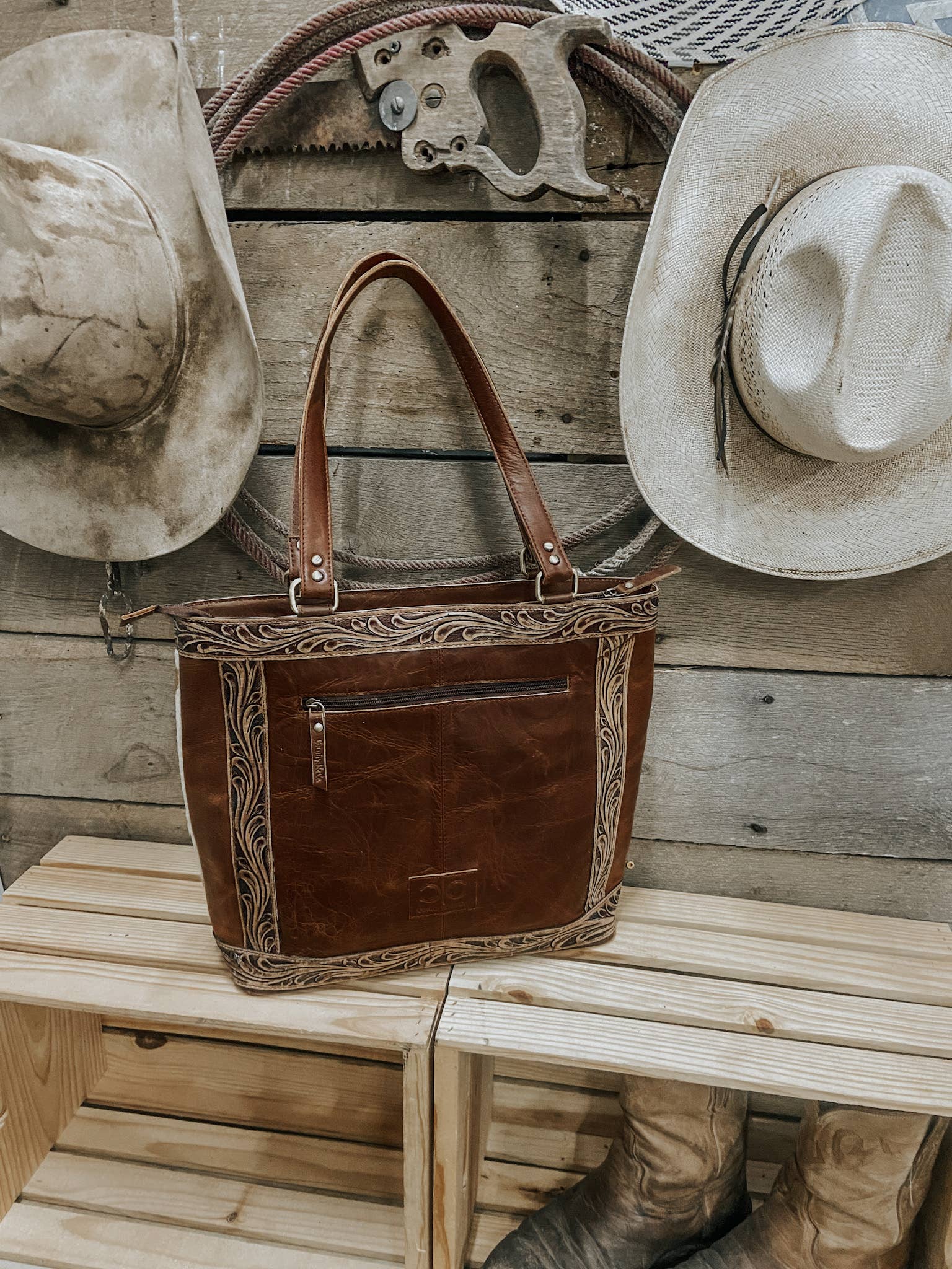 Womens Tooled Leather Cowhide Tote, Purse, Laptop Bag
