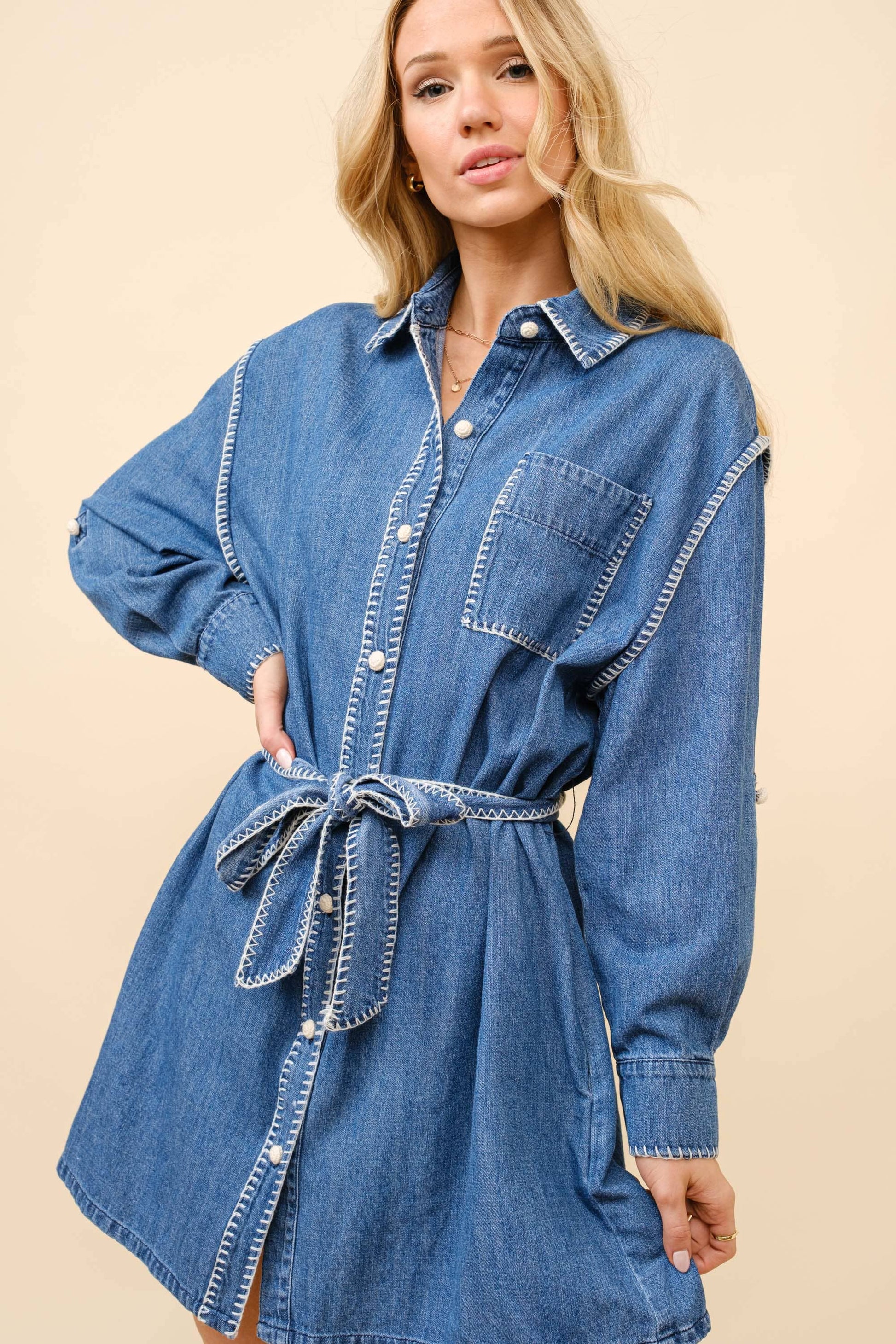 23216D - Blanket Stitch Button Up Denim Shirt Dress