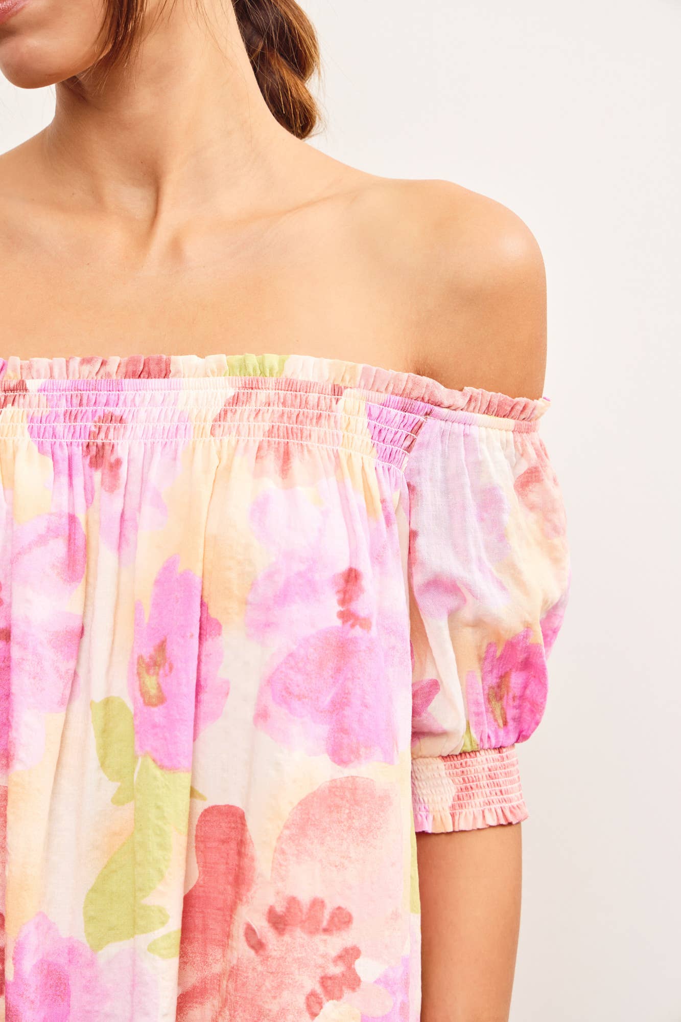 PUFF SLEEVE SMOCKED OFF SHOULDER FLORAL DRESS