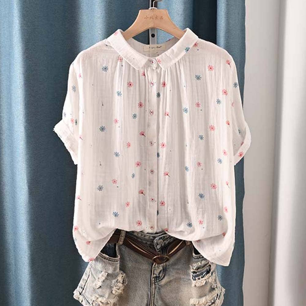 Lapel Printed Short-Sleeve Shirt Double-Layer Cotton Gauze