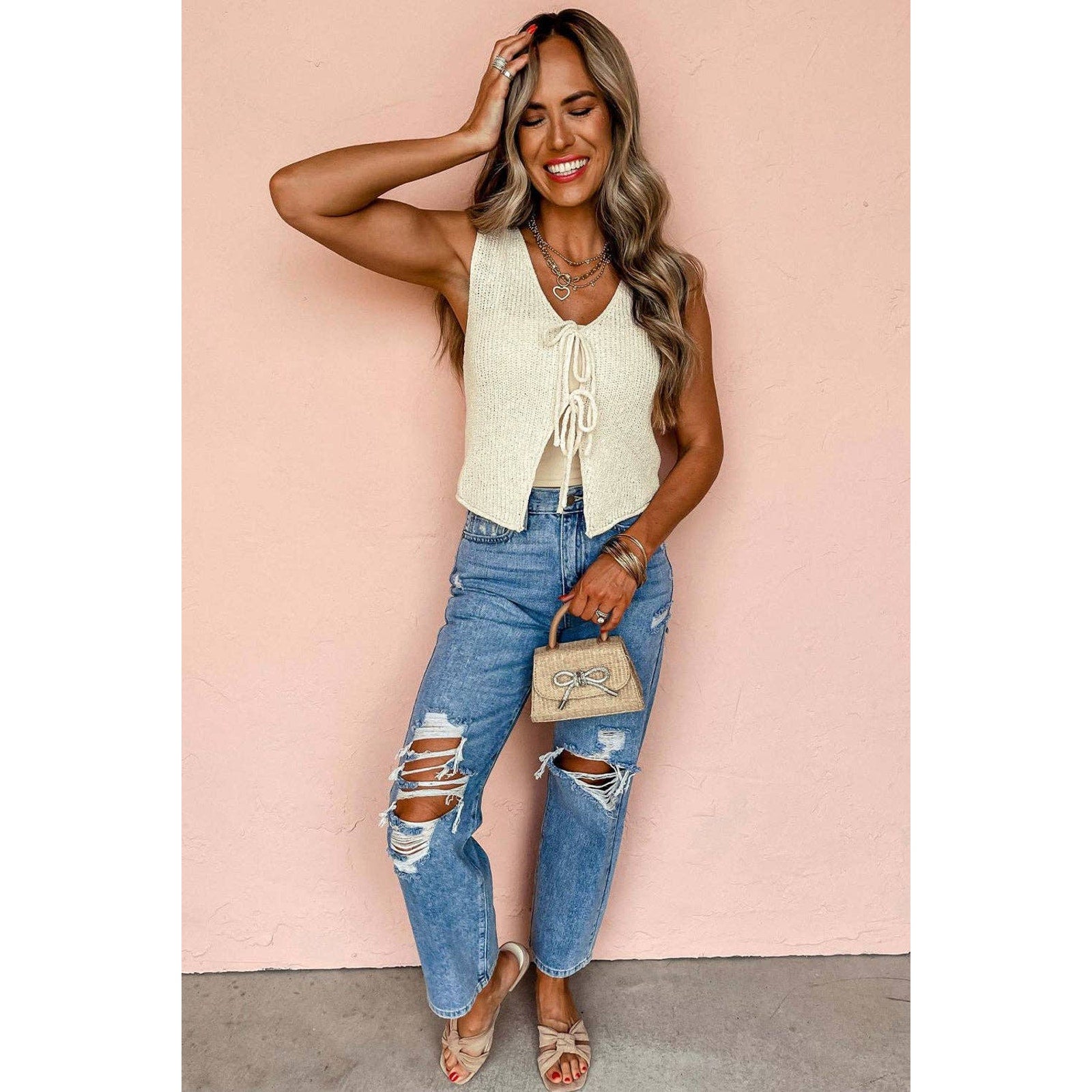 Copied - Beige Lace-up Front V Neck Sweater Vest