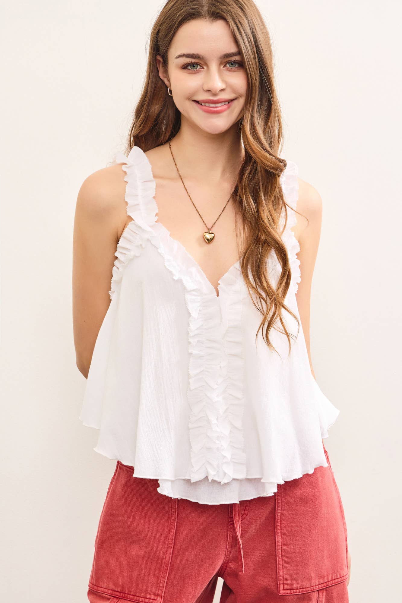 GATHERED RUFFLE STRAP V NECK TOP: White / S