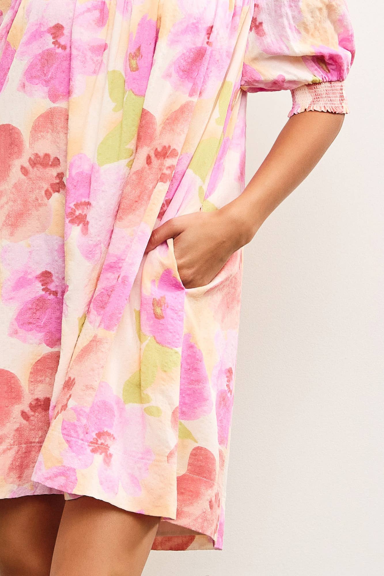 PUFF SLEEVE SMOCKED OFF SHOULDER FLORAL DRESS