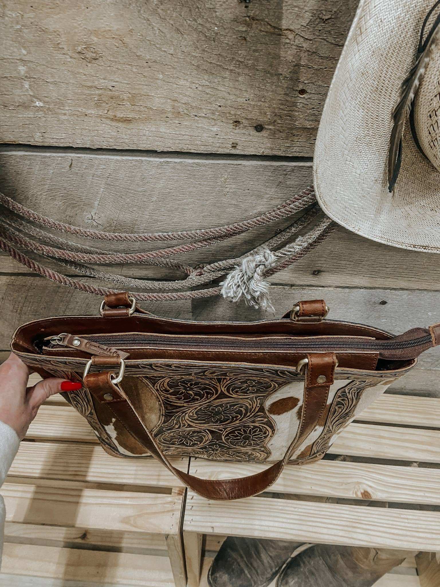 Womens Tooled Leather Cowhide Tote, Purse, Laptop Bag