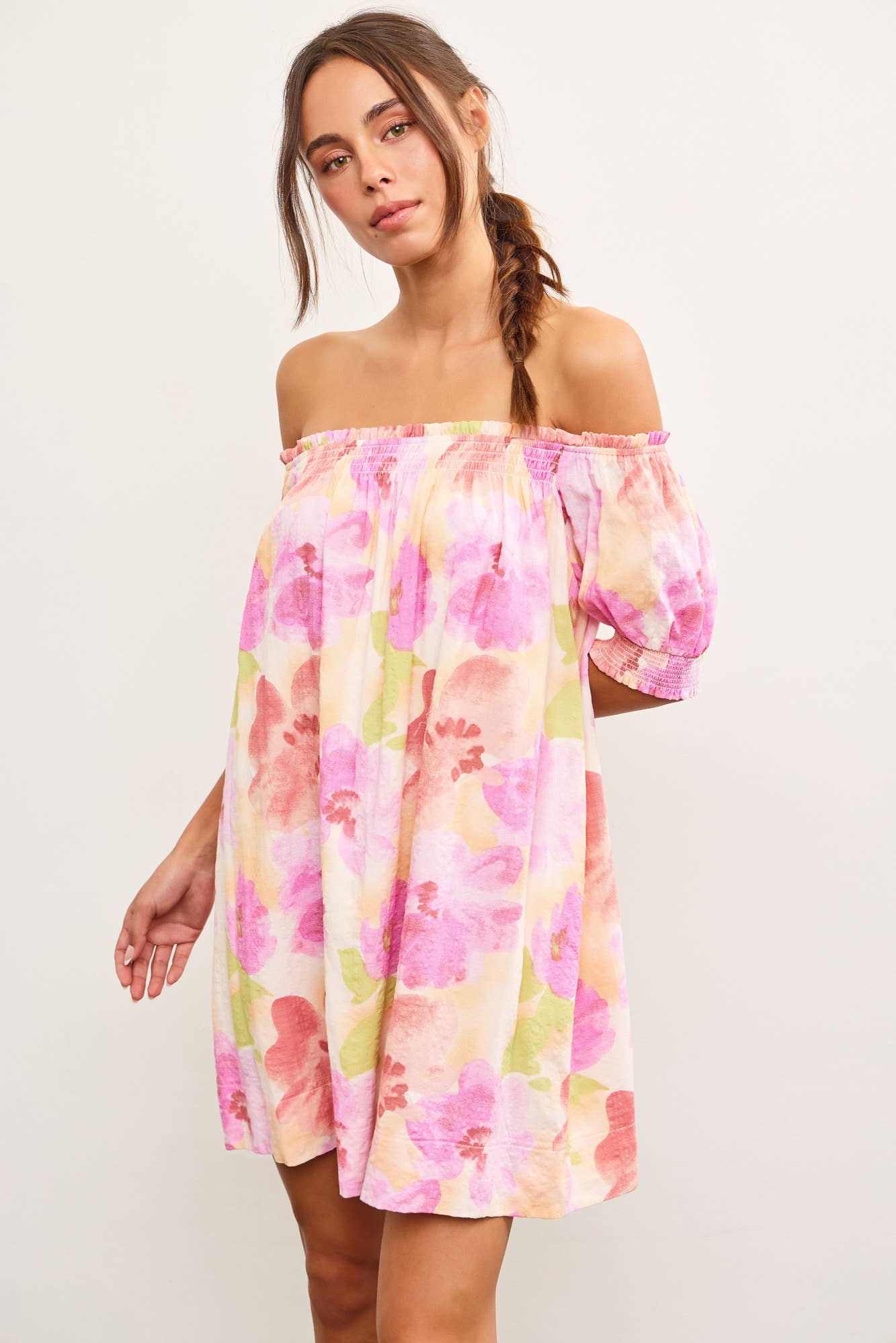 PUFF SLEEVE SMOCKED OFF SHOULDER FLORAL DRESS