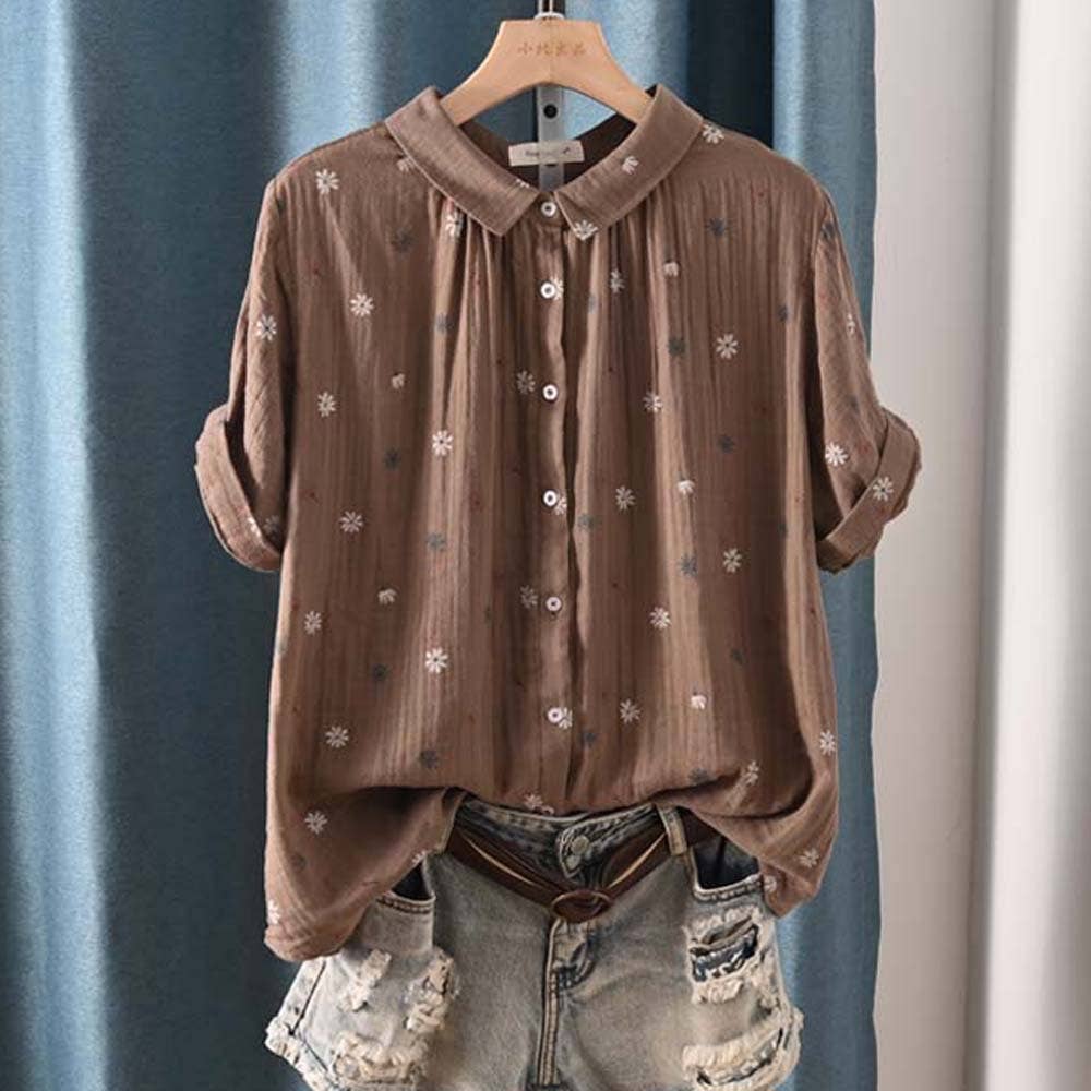 Lapel Printed Short-Sleeve Shirt Double-Layer Cotton Gauze