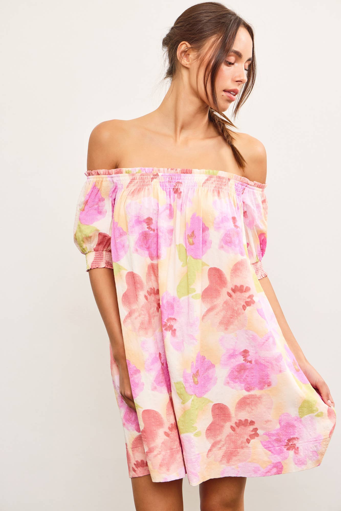 PUFF SLEEVE SMOCKED OFF SHOULDER FLORAL DRESS