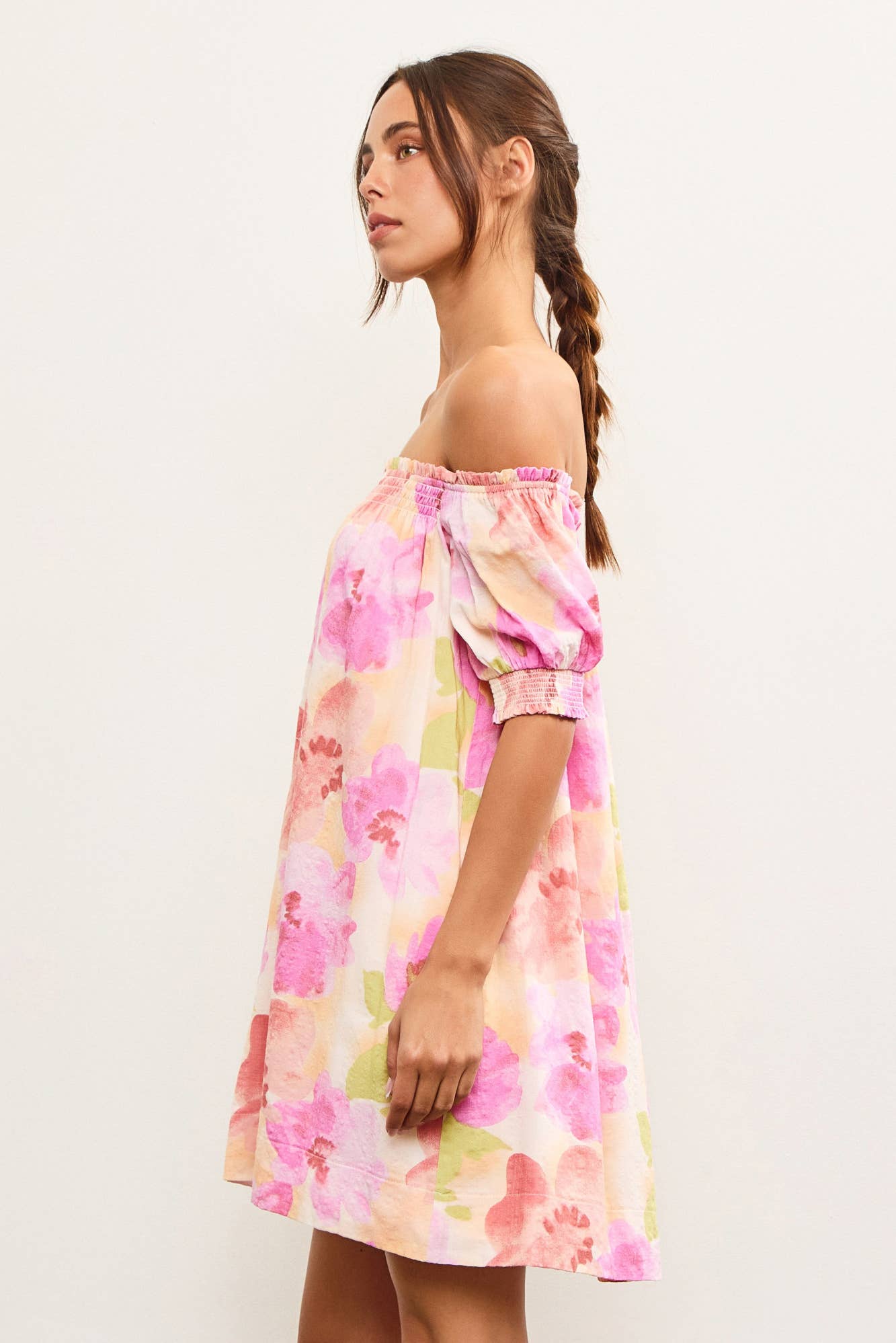 PUFF SLEEVE SMOCKED OFF SHOULDER FLORAL DRESS