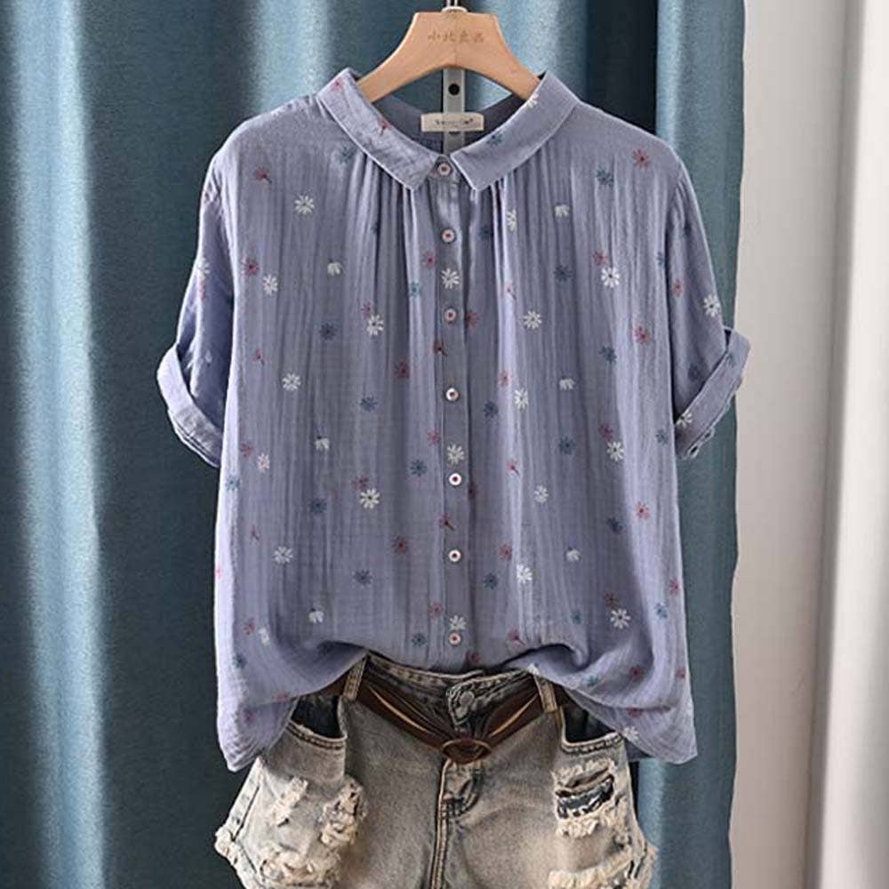 Lapel Printed Short-Sleeve Shirt Double-Layer Cotton Gauze