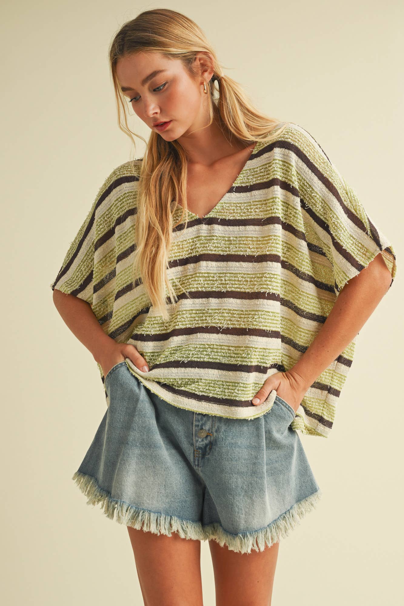V NECK DOLMAN SLEEVE STRIPED TOP