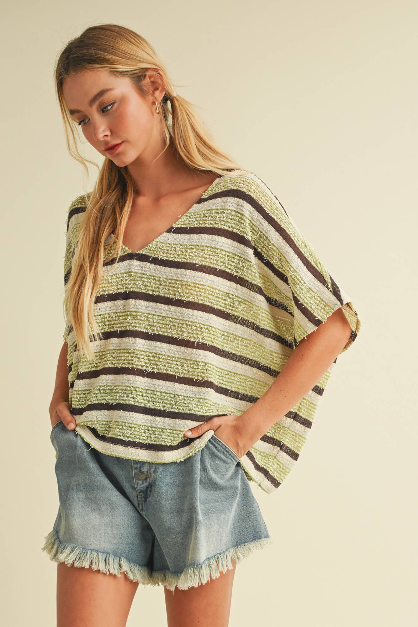 V NECK DOLMAN SLEEVE STRIPED TOP